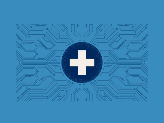 A graphic representation of a circuitboard with a health symbol in the center