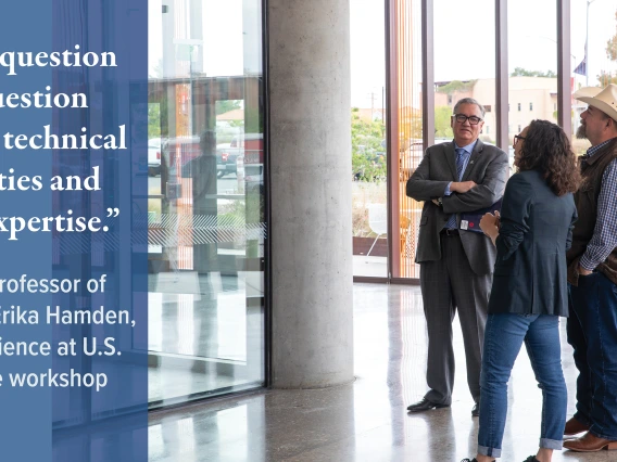 Erika Hamden, U of A associate professor of astrophysics, talks with Arizona state senator David Gowen and U of A senior vice president for research Tomás Díaz de la Rubia at the Applied Research Building. Photo by Leslie Hawthorne Klingler.