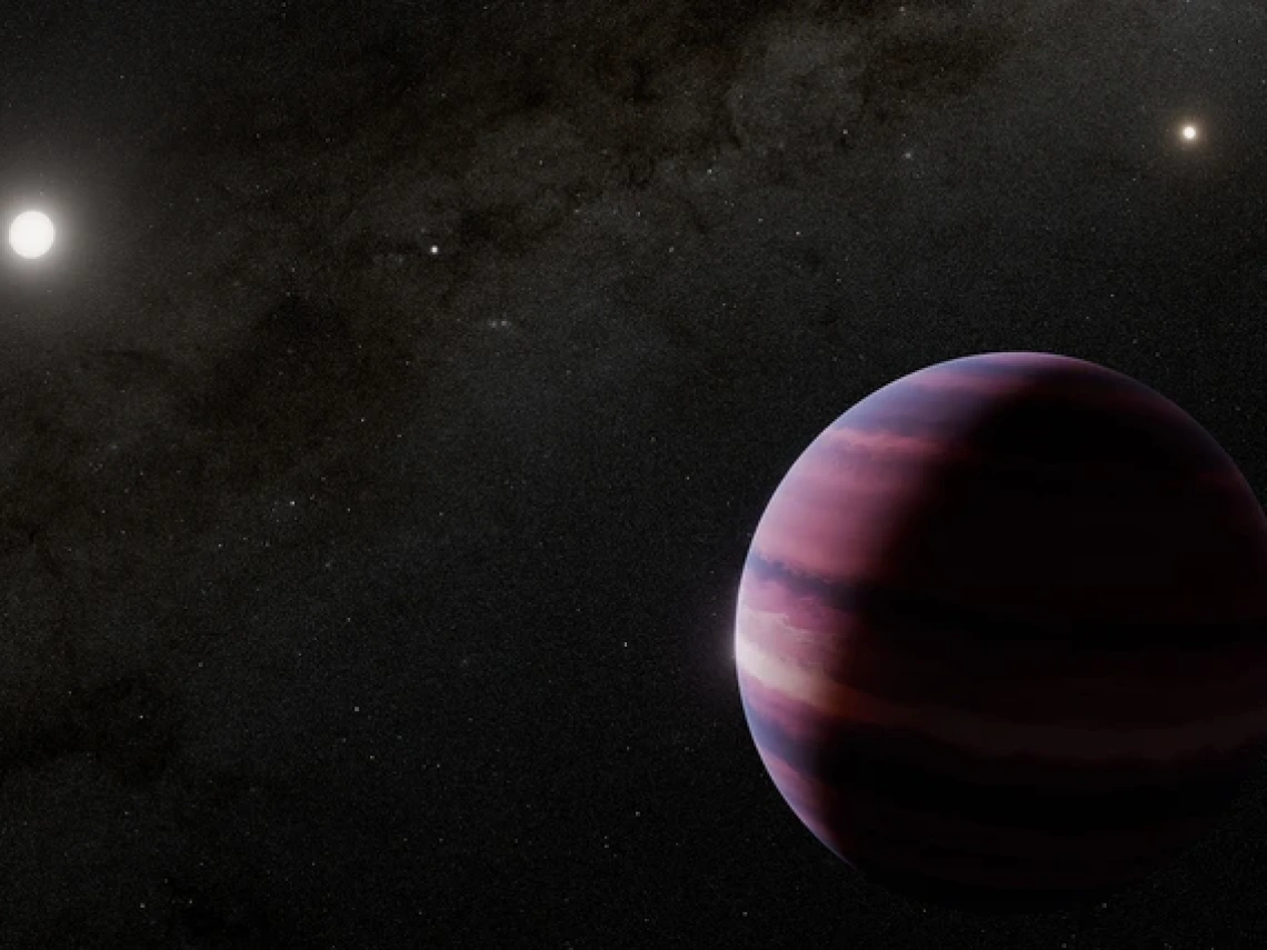 Artist's concept of an giant gas planet in the foreground with a star, in this case Alpha Centauri A, in the distance. 